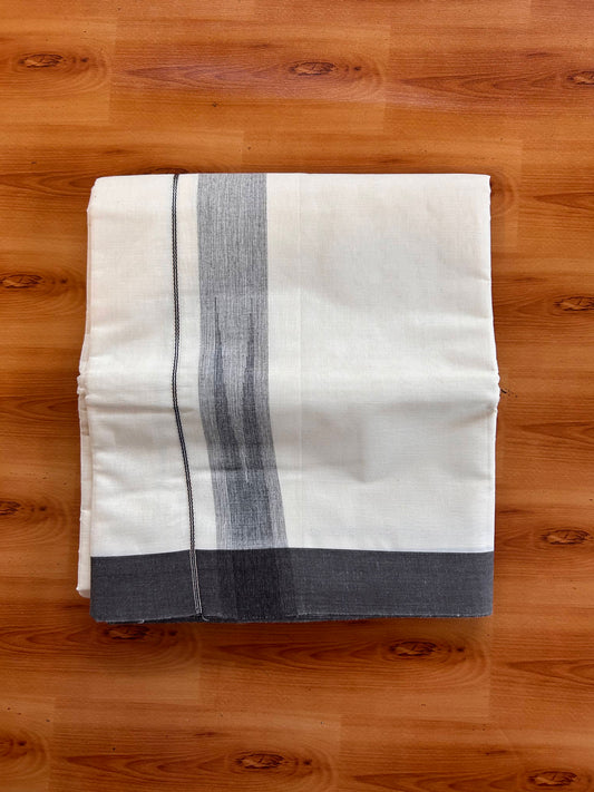 Double off white (Unbleached) Mund/Dhoti - 20% Discount! KaithariKada Pulimood Pure Cotton - 100X80 - 1.5 inch Silver kasav Brown & Black Shades Striped chutty 4 m (8.5 Muzham) - 3 KK5537 VAS
