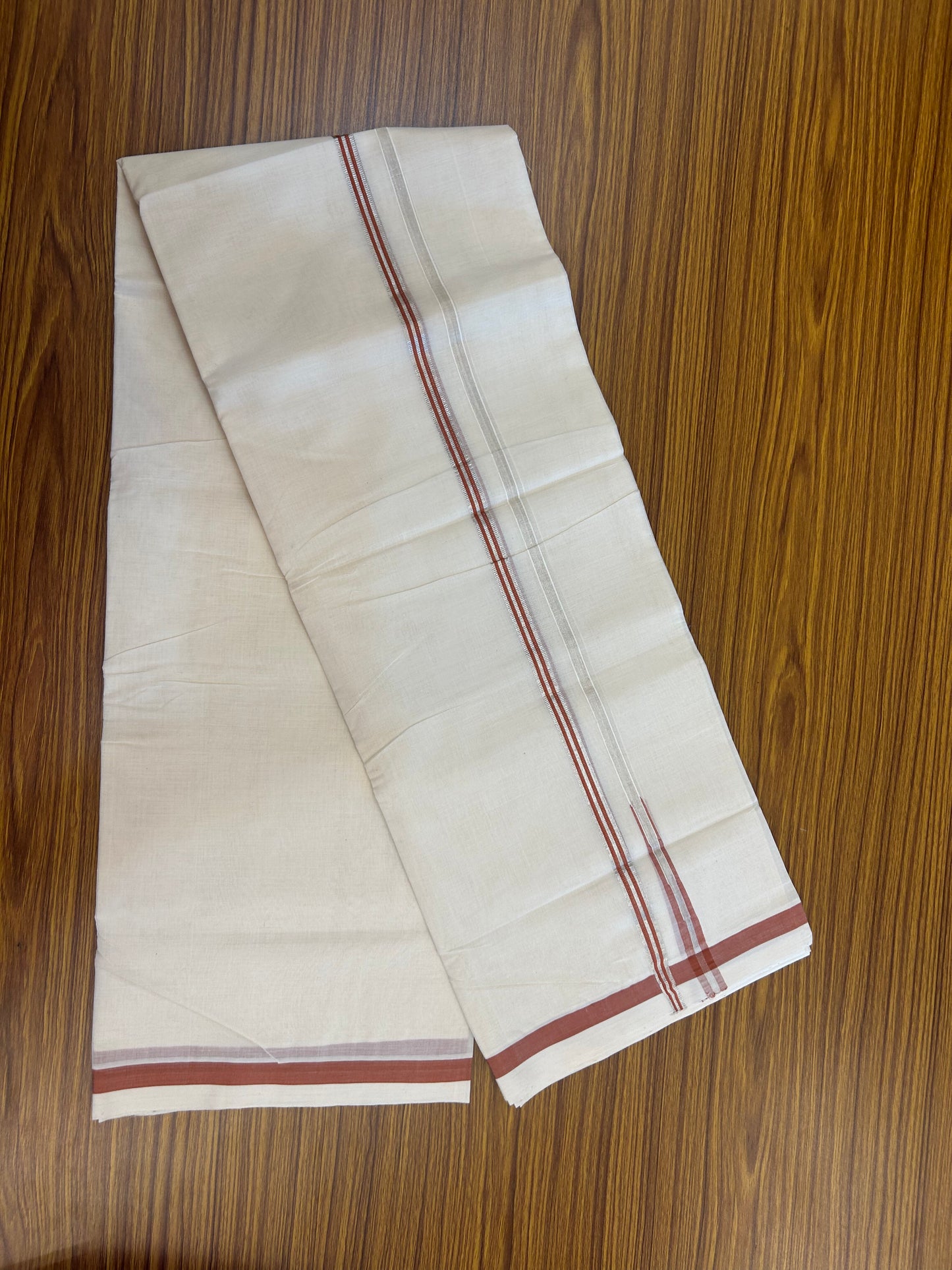 25% Discount!! KaithariKada Handloom Unakkupaav - Kerala Handloom - 100% Pure Cotton Off White - (Unbleached) Double Mundu/Dothi - 80X90 - 0.5 inch Puliyilakkara Silver Kasav & Brick Orange Chutty Kara 3.90 mtr (8 muzham) - 7 KK5369 YAR