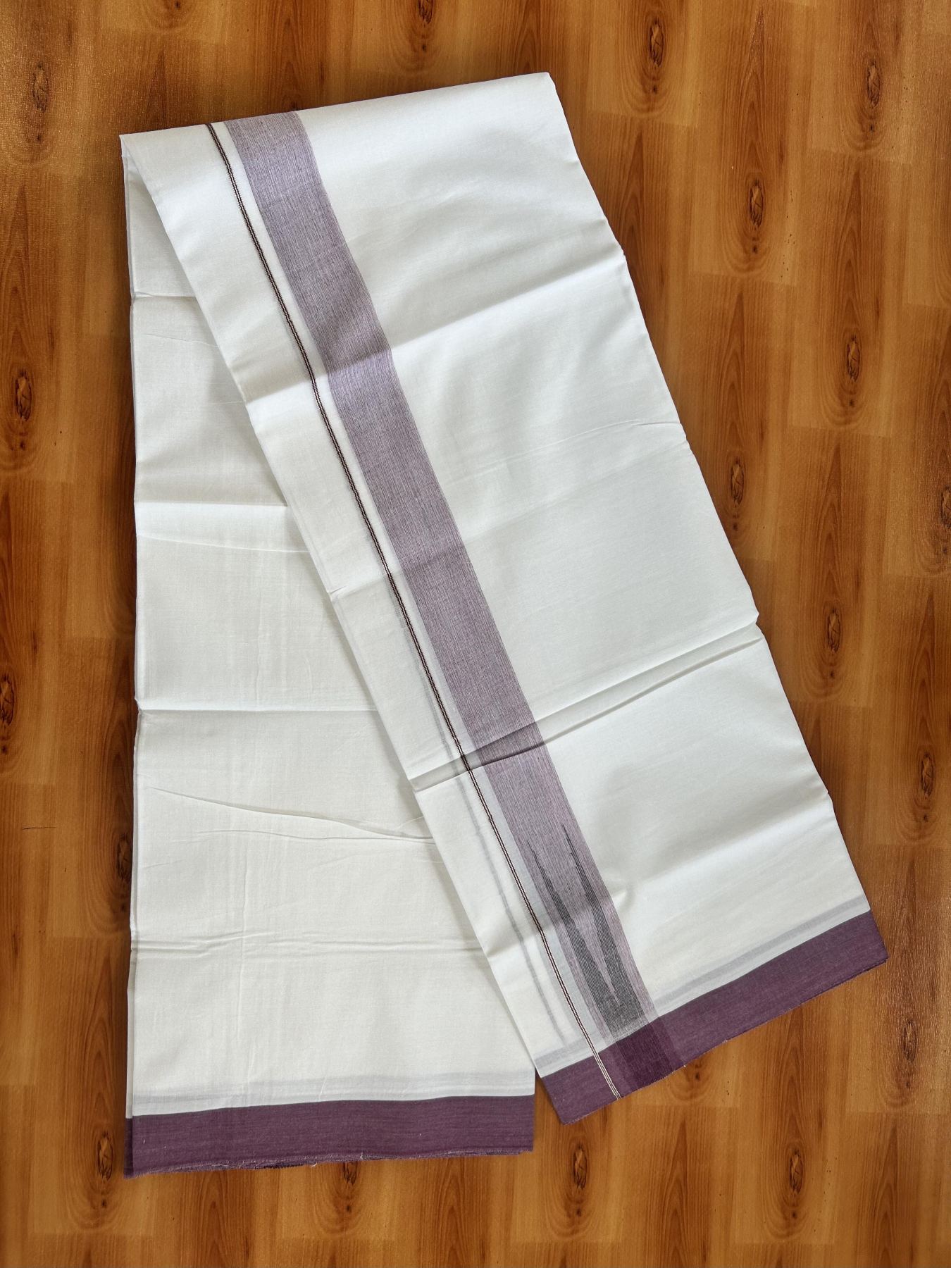 Double Pure White Mundu/Dhoti - 20% Discount !! KaithariKada Balaramapuram 100% Cotton - 100x80 - 1.25 inch Dark purple & Black Silver Chutty Kara 3.80 mtr (8 muzham) - 22 KK5414 CKS