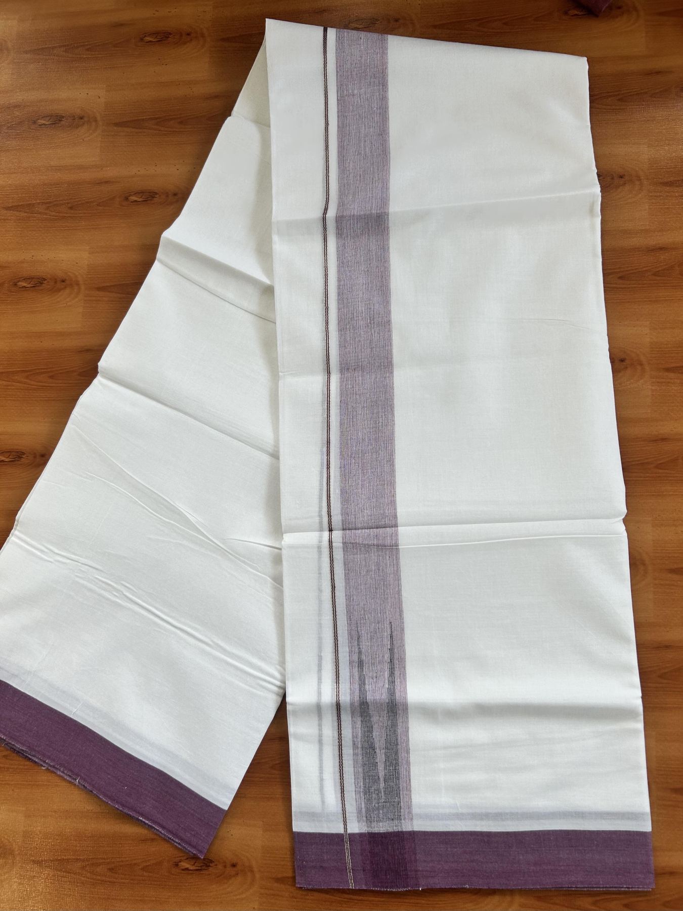 Double Pure White Mundu/Dhoti - 20% Discount !! KaithariKada Balaramapuram 100% Cotton - 100x80 - 1.25 inch Dark purple & Black Silver Chutty Kara 3.80 mtr (8 muzham) - 22 KK5414 CKS