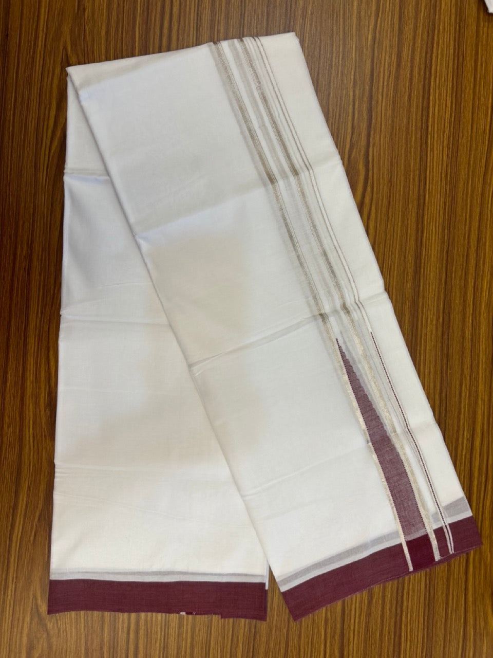 20% Discount! KaithariKada Balaramapuram 100% Cotton Double Pure white Mundu/Dhoti- 100x80 - 1.5 inch Silver & Maroon heavy Chutty kara - 3.90mtr ( 8 muzham) - 75 KK5279 CKS