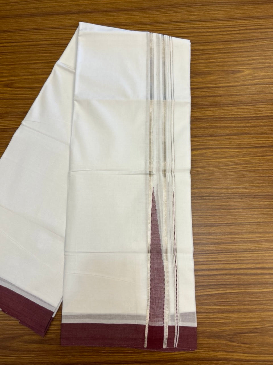 20% Discount! KaithariKada Balaramapuram 100% Cotton Double Pure white Mundu/Dhoti- 100x80 - 1.5 inch Silver & Maroon heavy Chutty kara - 3.90mtr ( 8 muzham) - 75 KK5279 CKS