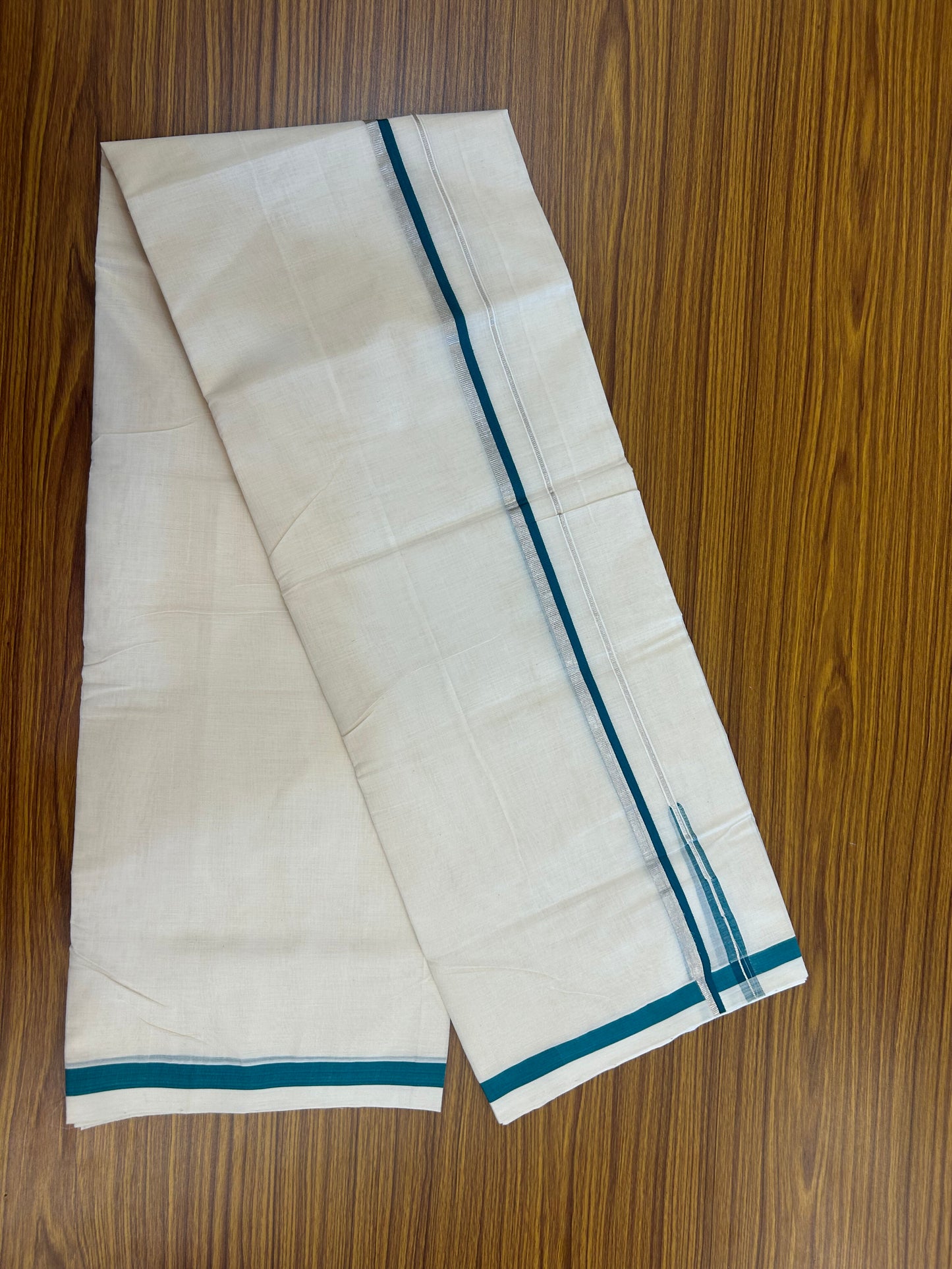 25% Discount!! KaithariKada Handloom Unakkupaav - Kerala Handloom - 100% Pure Cotton Off White - (Unbleached) Double Mundu/Dothi - 80X90 - 0.5 inch Puliyilakkara Silver Kasav & Green Blue Chutty Kara 3.90 mtr (8 muzham) - 8 KK5369 YAR