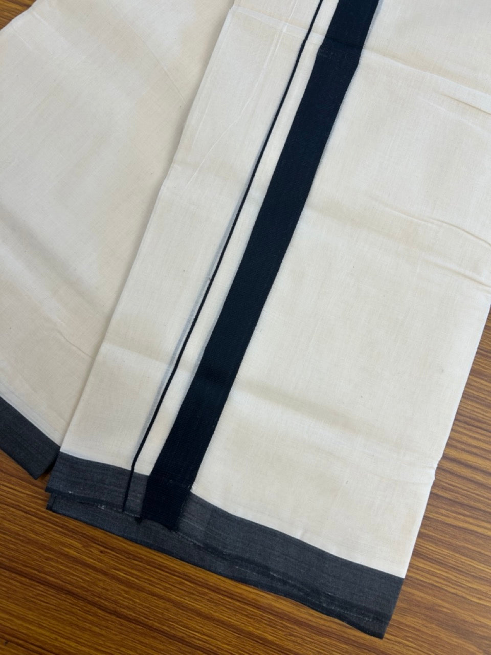 11% Discount ! KaithariKada Handloom Millpaav Balaramapuram - 100% PURE Cotton OFF White (Unbleached) Double Mundu/Dothi - 80x90 - 1 inch Black Kara 4 Meters (8.5 Muzham) - 15 KK5256 RAM
