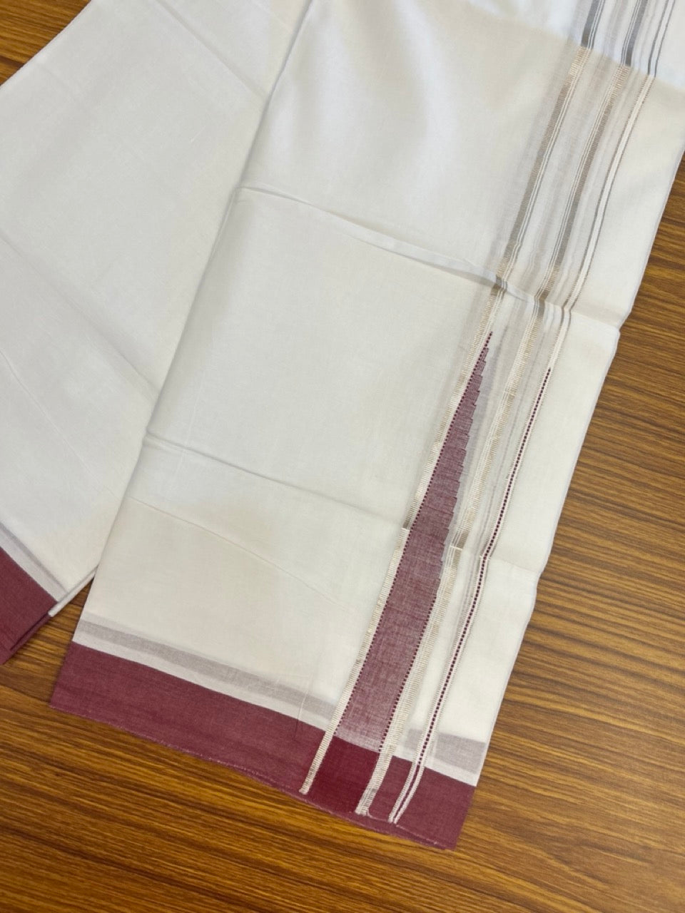 20% Discount! KaithariKada Balaramapuram 100% Cotton Double Pure white Mundu/Dhoti- 100x80 - 1.5 inch Silver & Maroon heavy Chutty kara - 3.90mtr ( 8 muzham) - 75 KK5279 CKS