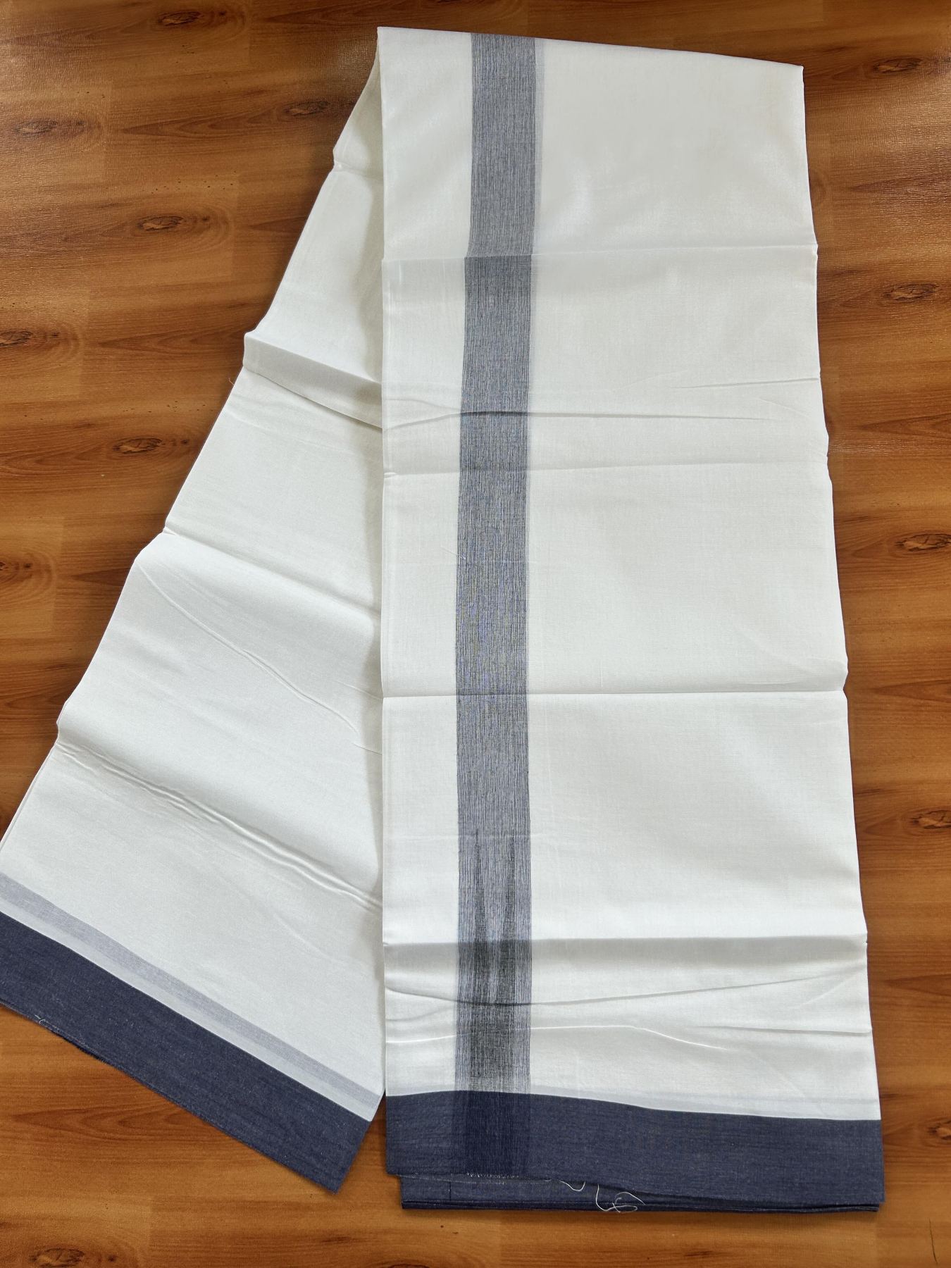 Double Pure White Mundu/Dhoti - 20% Discount !! KaithariKada Balaramapuram 100% Cotton - 100x80 - 1.25 inch Navy Blue & Black Chutty Kara 3.80 mtr (8 muzham) - 23 KK5414 CKS