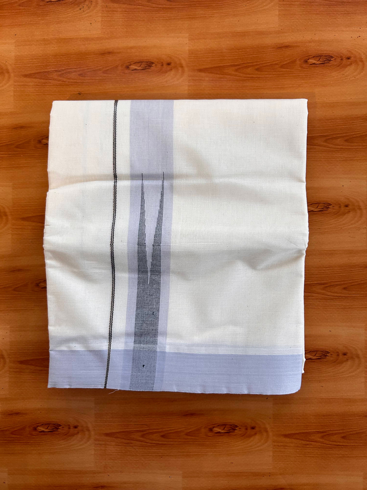 Double off white (Unbleached) Mund/Dhoti - 20% Discount! KaithariKada Pulimood Pure Cotton - 100X80 - 1.5 inch Silver kasav lavender Grey & Black Shades Striped chutty 4 m (8.5 Muzham) - 4 KK5537 VAS