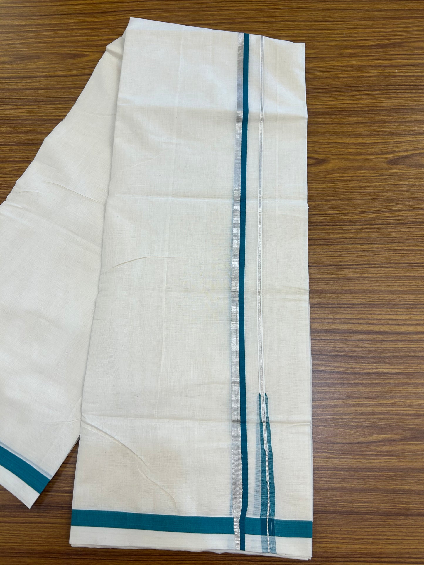 25% Discount!! KaithariKada Handloom Unakkupaav - Kerala Handloom - 100% Pure Cotton Off White - (Unbleached) Double Mundu/Dothi - 80X90 - 0.5 inch Puliyilakkara Silver Kasav & Green Blue Chutty Kara 3.90 mtr (8 muzham) - 8 KK5369 YAR