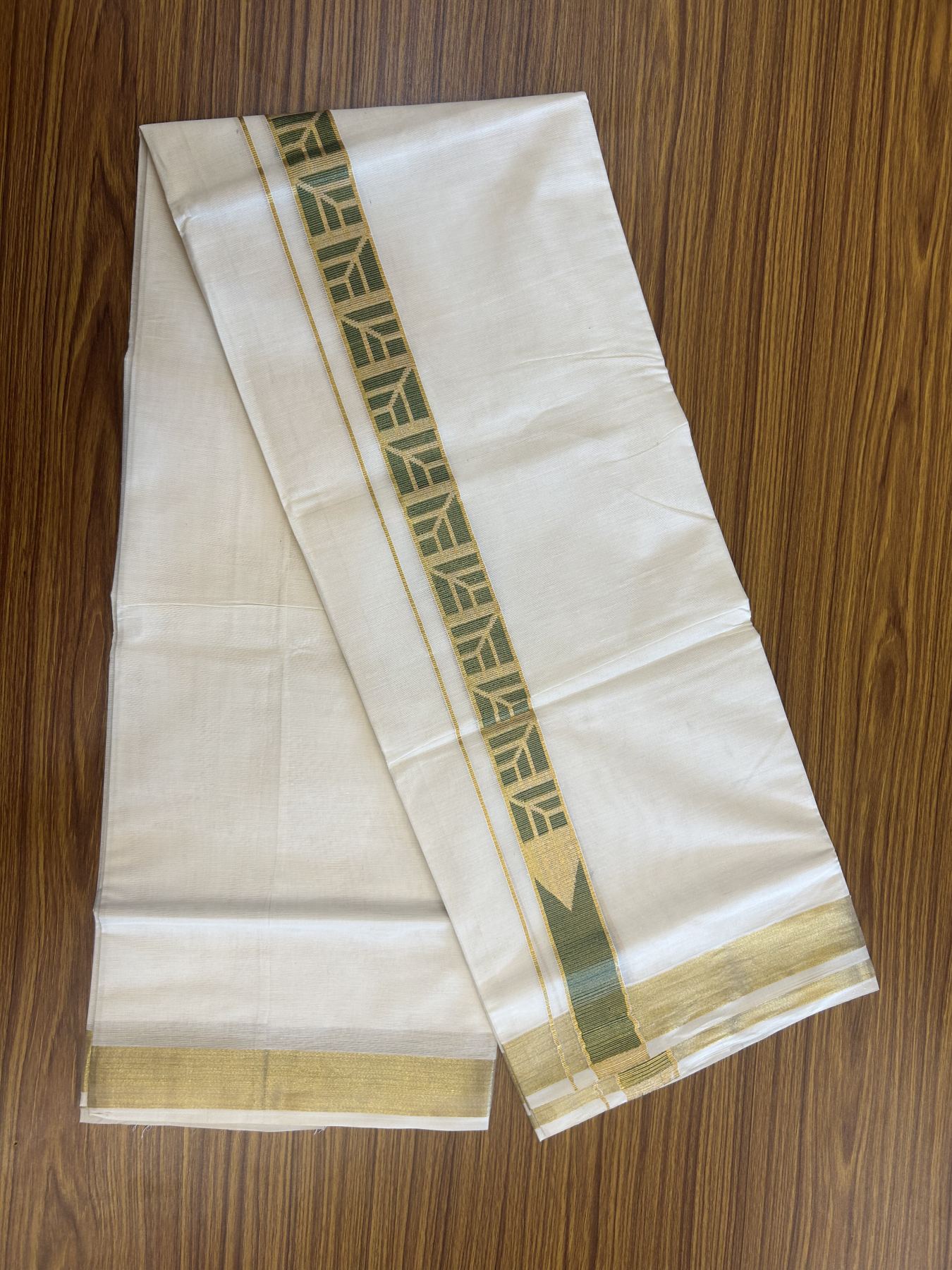 20% Discount! KaithariKada Balaramapuram Double Off White - (Unbleached) Mund/Dhoti - Cotton mix - 100X80- 1.5 inch Kasav Green Jacquard design chutty Kara 3.90 mtr (8 Muzham) - 6 KK5313 PMC