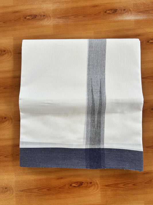 Double Pure White Mundu/Dhoti - 20% Discount !! KaithariKada Balaramapuram 100% Cotton - 100x80 - 1.25 inch Navy Blue & Black Chutty Kara 3.80 mtr (8 muzham) - 23 KK5414 CKS