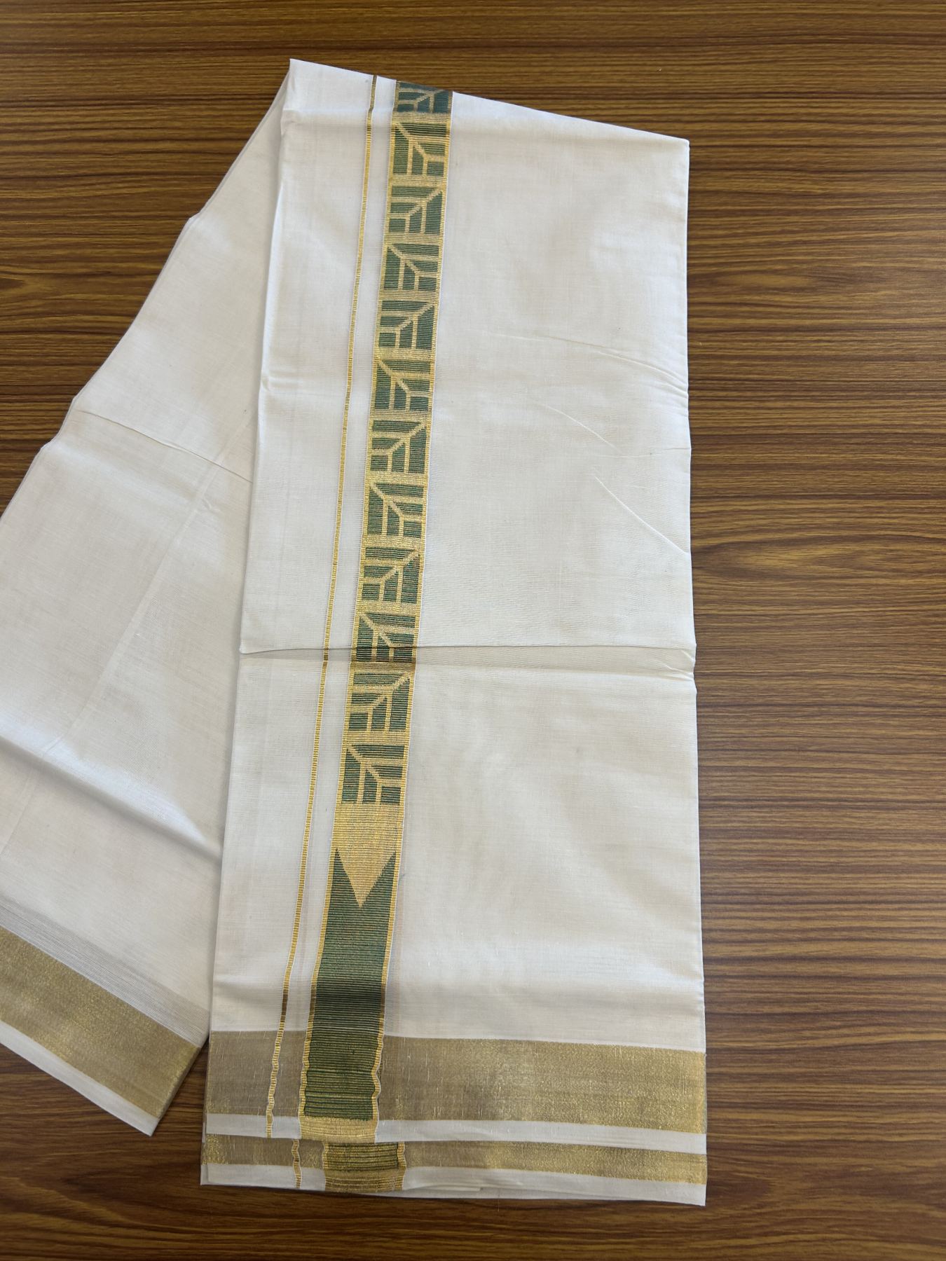 20% Discount! KaithariKada Balaramapuram Double Off White - (Unbleached) Mund/Dhoti - Cotton mix - 100X80- 1.5 inch Kasav Green Jacquard design chutty Kara 3.90 mtr (8 Muzham) - 6 KK5313 PMC