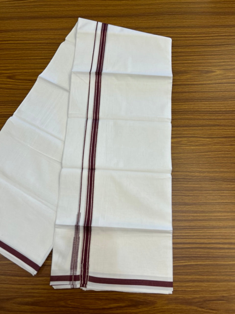 20% Discount! KaithariKada Balaramapuram 100% Cotton Double Pure white Mundu/Dhoti- 100x100 - 0.5 inch Silver Maroon Striped Chutty kara - 3.90mtr ( 8 muzham) - 64 KK5279 CKS