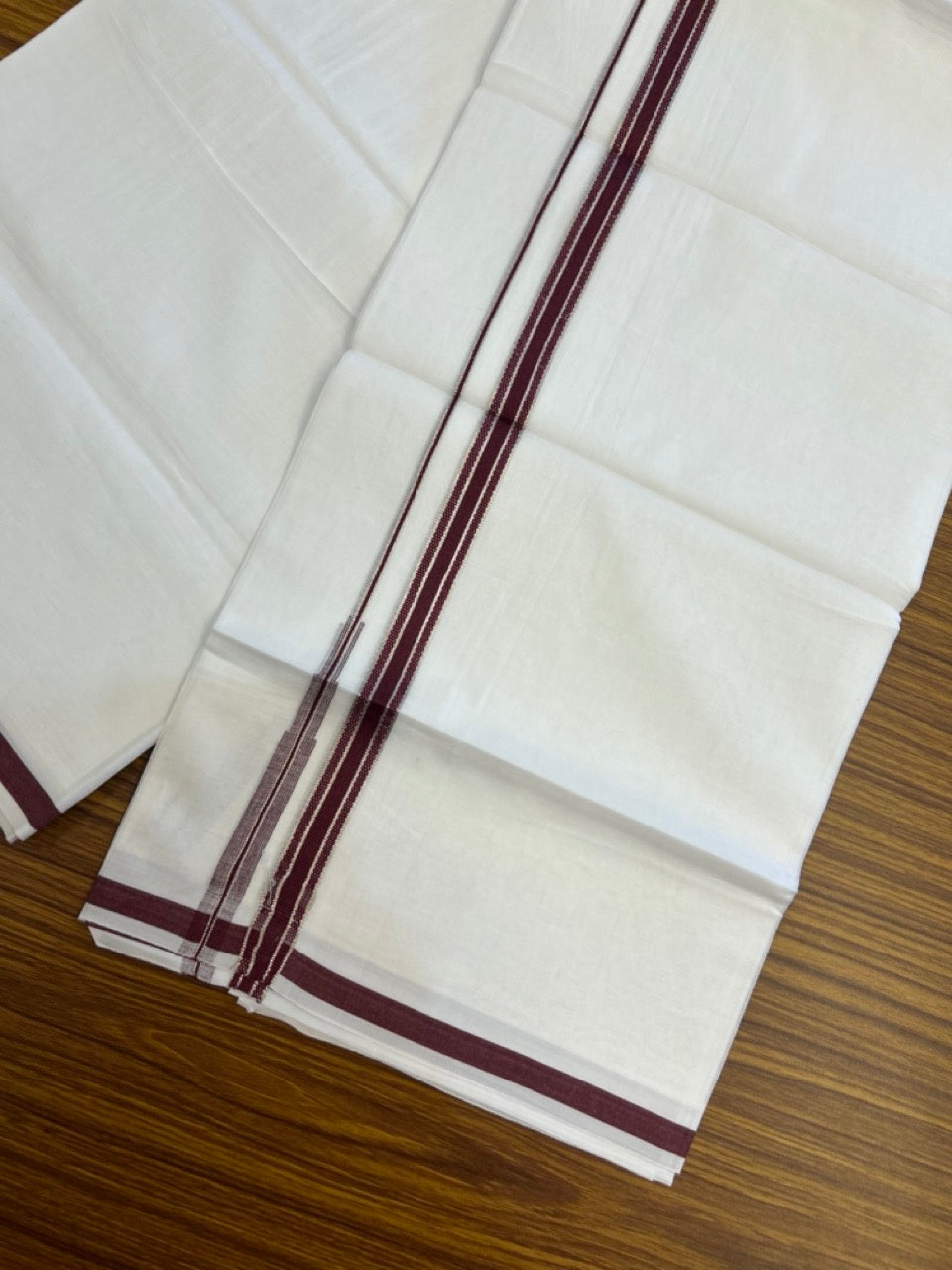 20% Discount! KaithariKada Balaramapuram 100% Cotton Double Pure white Mundu/Dhoti- 100x100 - 0.5 inch Silver Maroon Striped Chutty kara - 3.90mtr ( 8 muzham) - 64 KK5279 CKS