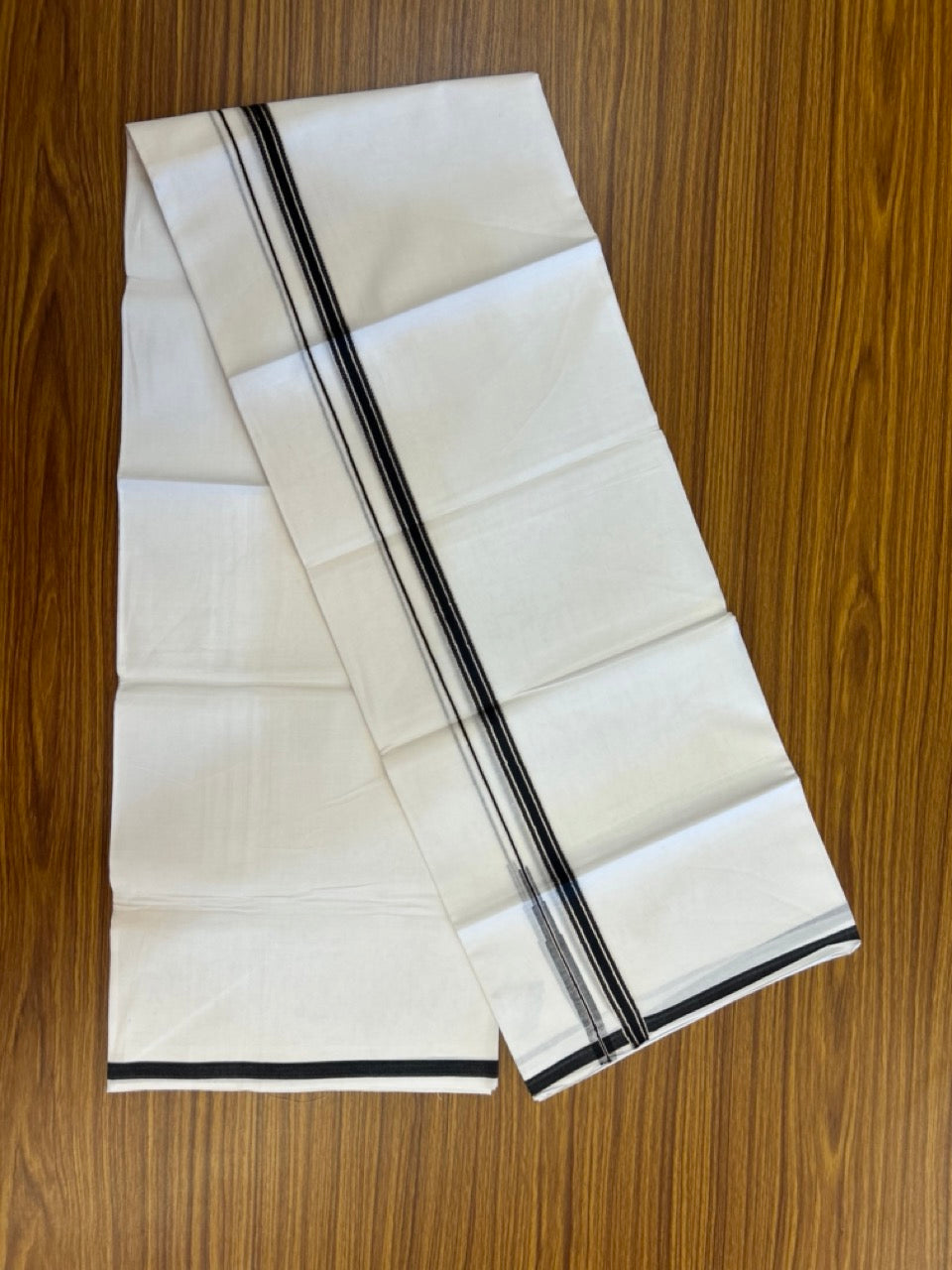 20% Discount! KaithariKada Balaramapuram 100% Cotton Double Pure white Mundu/Dhoti- 100x100 - 0.5 inch Silver Black Striped Chutty kara - 3.90mtr ( 8 muzham) - 65 KK5279 CKS