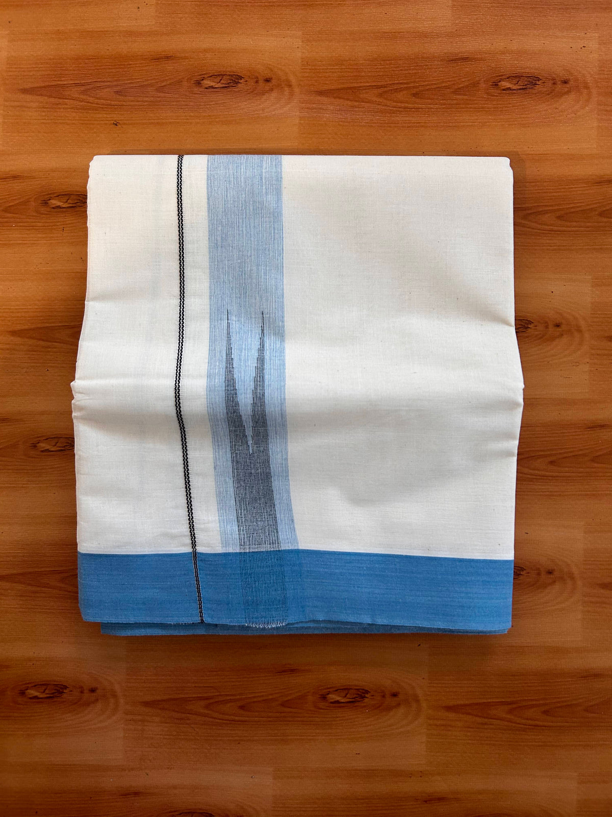 Double off white (Unbleached) Mund/Dhoti - 20% Discount! KaithariKada Pulimood Pure Cotton - 100X80 - 1.5 inch Silver kasav cerulean Blue & Black Shades Striped chutty 4 m (8.5 Muzham) - 2 KK5537 VAS