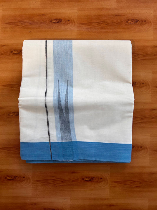 Double off white (Unbleached) Mund/Dhoti - 20% Discount! KaithariKada Pulimood Pure Cotton - 100X80 - 1.5 inch Silver kasav cerulean Blue & Black Shades Striped chutty 4 m (8.5 Muzham) - 2 KK5537 VAS