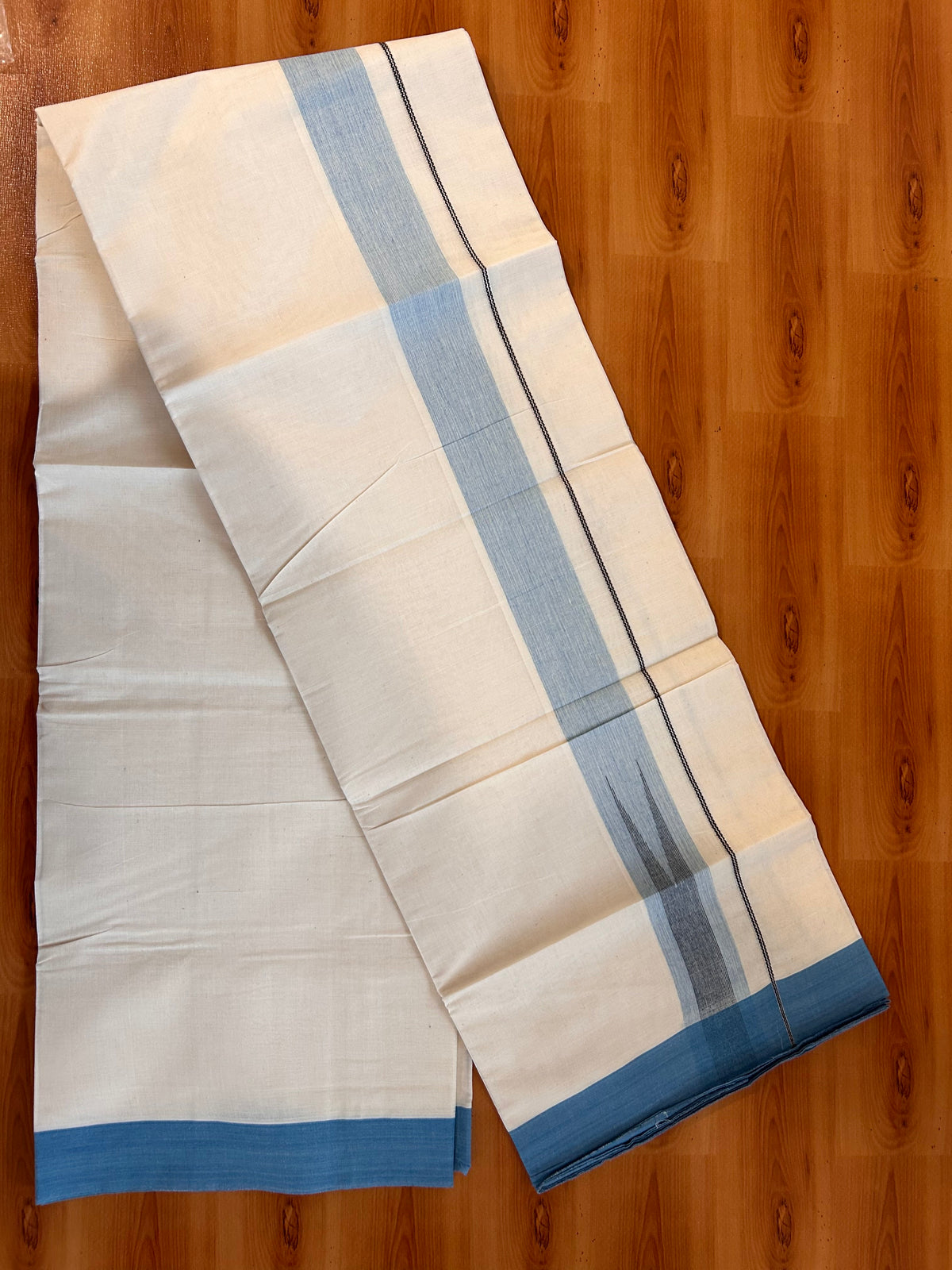 Double off white (Unbleached) Mund/Dhoti - 20% Discount! KaithariKada Pulimood Pure Cotton - 100X80 - 1.5 inch Silver kasav cerulean Blue & Black Shades Striped chutty 4 m (8.5 Muzham) - 2 KK5537 VAS