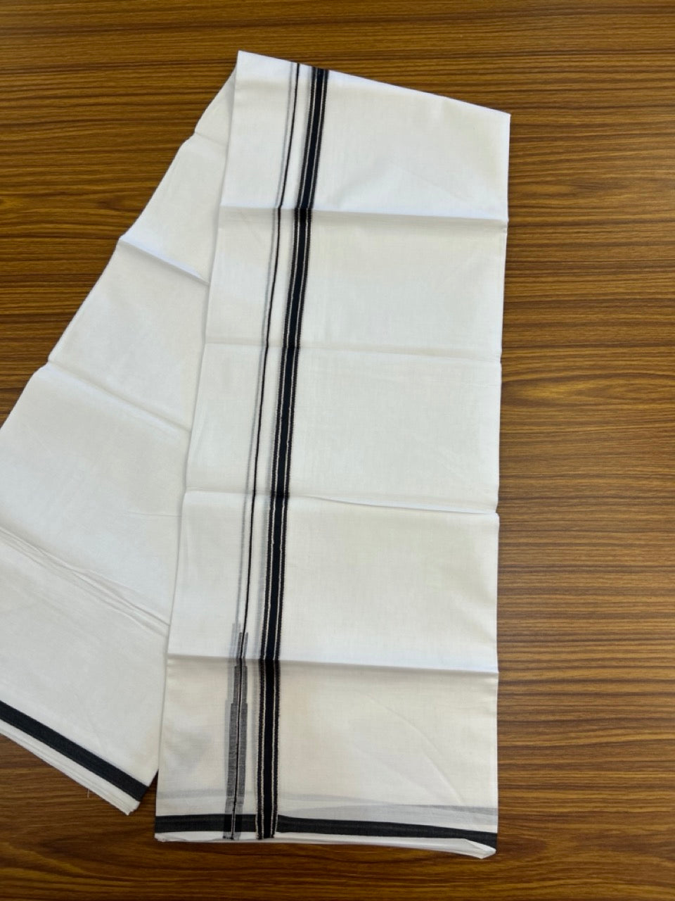 20% Discount! KaithariKada Balaramapuram 100% Cotton Double Pure white Mundu/Dhoti- 100x100 - 0.5 inch Silver Black Striped Chutty kara - 3.90mtr ( 8 muzham) - 65 KK5279 CKS