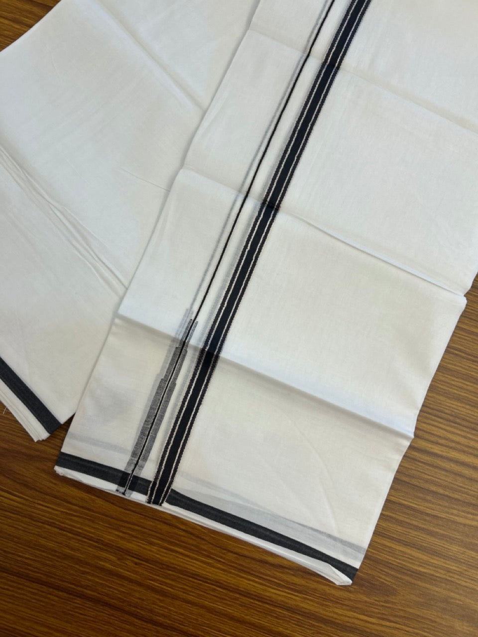 20% Discount! KaithariKada Balaramapuram 100% Cotton Double Pure white Mundu/Dhoti- 100x100 - 0.5 inch Silver Black Striped Chutty kara - 3.90mtr ( 8 muzham) - 65 KK5279 CKS