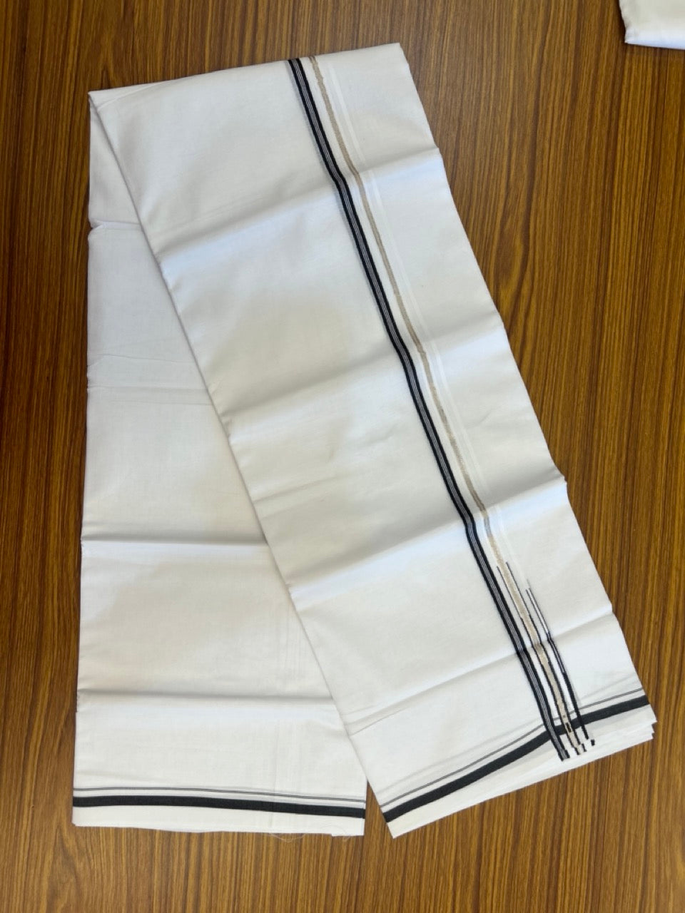 20% Discount! KaithariKada Balaramapuram 100% Cotton Double Pure white Mundu/Dhoti- 100x100 - 0.5 inch Silver Black Striped One Side Double Chutty kara - 3.90mtr ( 8 muzham) - 73 KK5279 CKS
