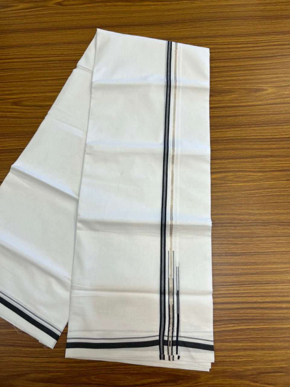 20% Discount! KaithariKada Balaramapuram 100% Cotton Double Pure white Mundu/Dhoti- 100x100 - 0.5 inch Silver Black Striped One Side Double Chutty kara - 3.90mtr ( 8 muzham) - 73 KK5279 CKS