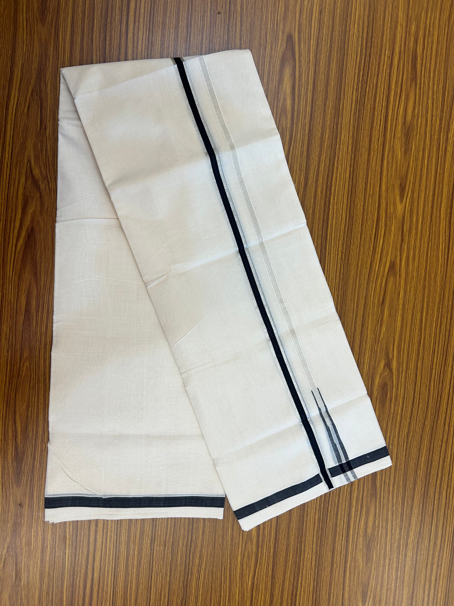 25% Discount!! KaithariKada Handloom Unakkupaav - Kerala Handloom - 100% Pure Cotton Off White - (Unbleached) Double Mundu/Dothi - 80X90 - 0.5 inch Puliyilakkara Silver Kasav & Black Chutty Kara 3.90 mtr (8 muzham) - 10 KK5369 YAR