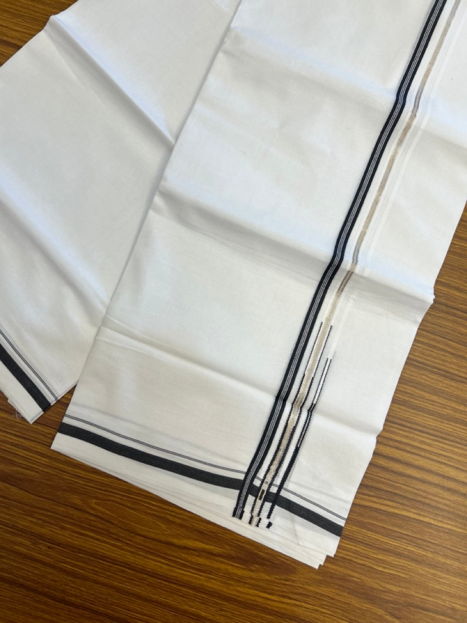20% Discount! KaithariKada Balaramapuram 100% Cotton Double Pure white Mundu/Dhoti- 100x100 - 0.5 inch Silver Black Striped One Side Double Chutty kara - 3.90mtr ( 8 muzham) - 73 KK5279 CKS