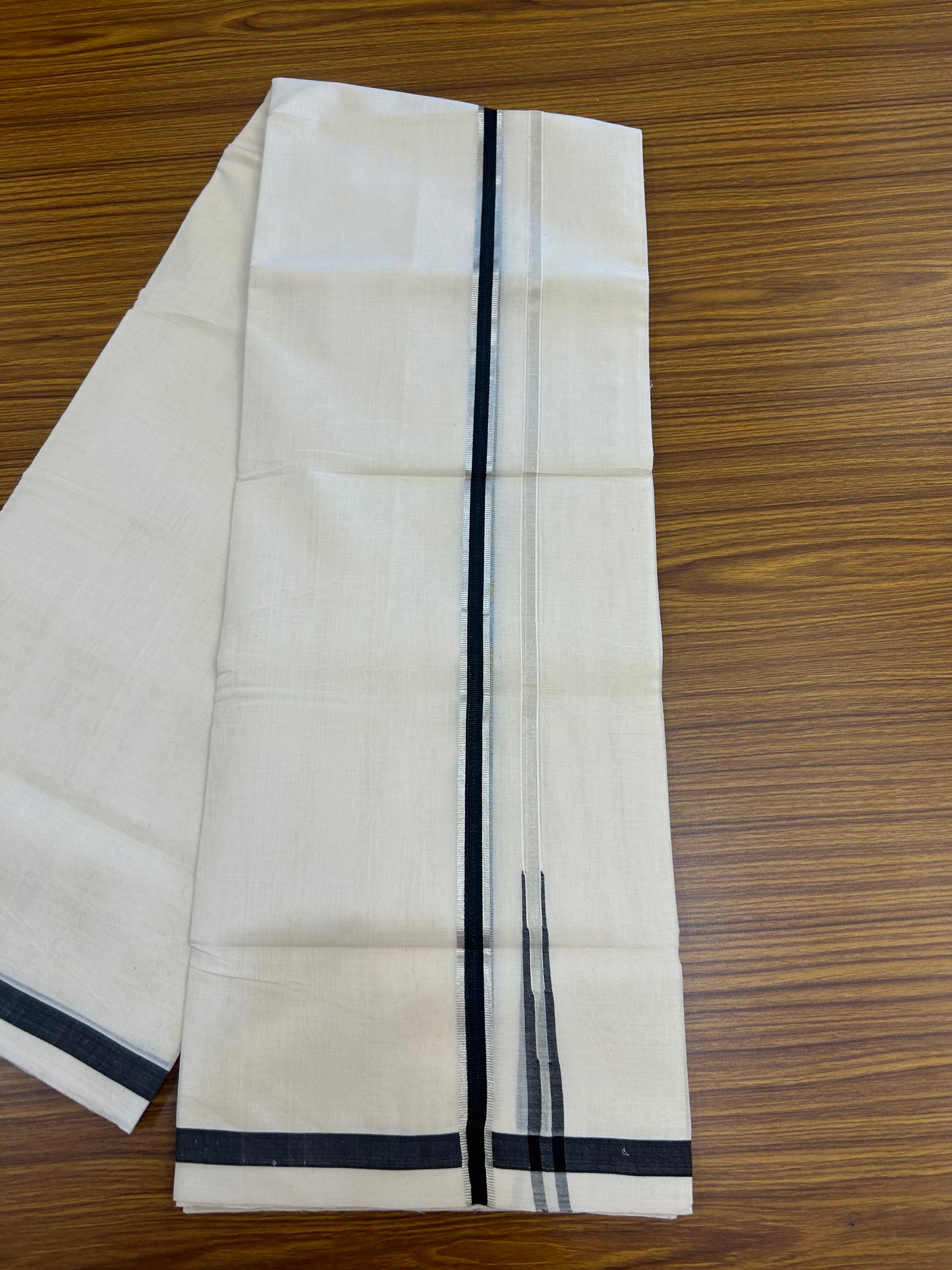 25% Discount!! KaithariKada Handloom Unakkupaav - Kerala Handloom - 100% Pure Cotton Off White - (Unbleached) Double Mundu/Dothi - 80X90 - 0.5 inch Puliyilakkara Silver Kasav & Black Chutty Kara 3.90 mtr (8 muzham) - 10 KK5369 YAR