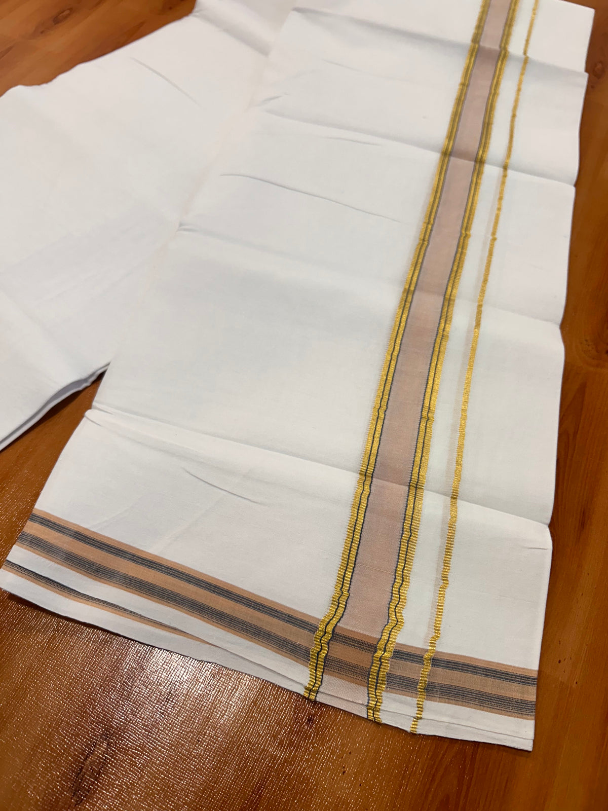 Single Pure White Mundu/Dhoti - 25% Discount ! KaithariKada 100% Cotton Kerala Handloom - 1.5 inch Gold Kasav Sand Brown & Blue Striped Kara (2 meter / 4 muzham) - 7 KK5534 KAI