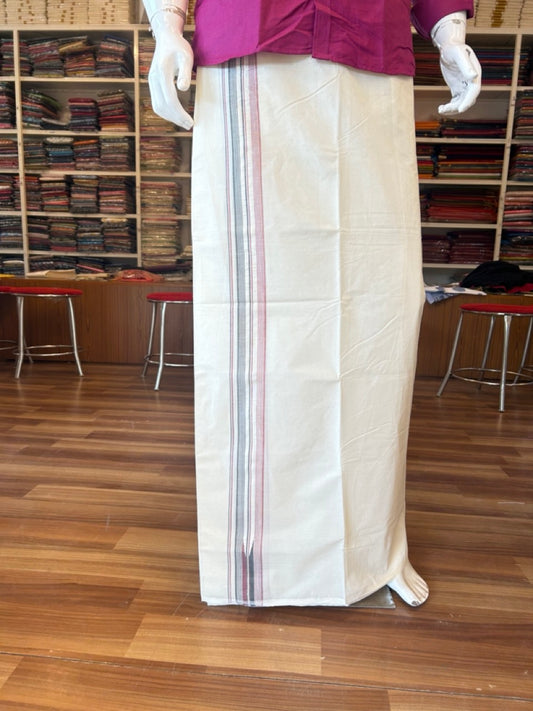 ADMK VESHTI 18% Discount !! KaithariKada Balaramapuram Double Off white - (Unbleached) Mundu/Dhoti - 100X100 - 2.25 inch Puliyilakkara Maroon & Black Striped Chutty Kara - Big Size Dhoti - 26KK5045ASH