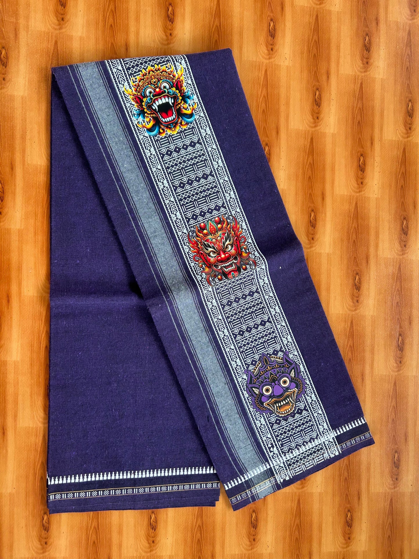 Kaitharikada - Single Kaily / Lungi - Mixed Cotton - 40s twisted - 1.25 inch Tribal Printed Design Kara with Violet colour body (2 meter / 4 muzham) - 13 KK8060 GAN