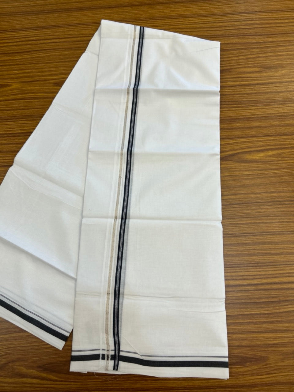 20% Discount! KaithariKada Balaramapuram 100% Cotton Double Pure white Mundu/Dhoti- 100x100 - 0.5 inch Silver Black Striped One Side Double Chutty kara - 3.90mtr ( 8 muzham) - 73 KK5279 CKS