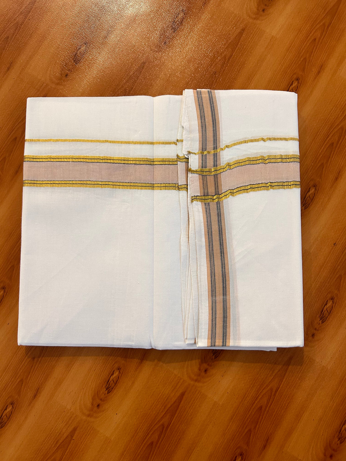 Single Pure White Mundu/Dhoti - 25% Discount ! KaithariKada 100% Cotton Kerala Handloom - 1.5 inch Gold Kasav Sand Brown & Blue Striped Kara (2 meter / 4 muzham) - 7 KK5534 KAI
