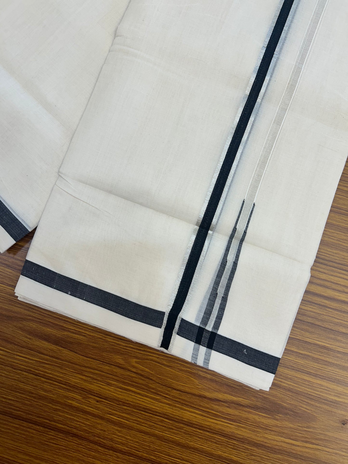 25% Discount!! KaithariKada Handloom Unakkupaav - Kerala Handloom - 100% Pure Cotton Off White - (Unbleached) Double Mundu/Dothi - 80X90 - 0.5 inch Puliyilakkara Silver Kasav & Black Chutty Kara 3.90 mtr (8 muzham) - 10 KK5369 YAR