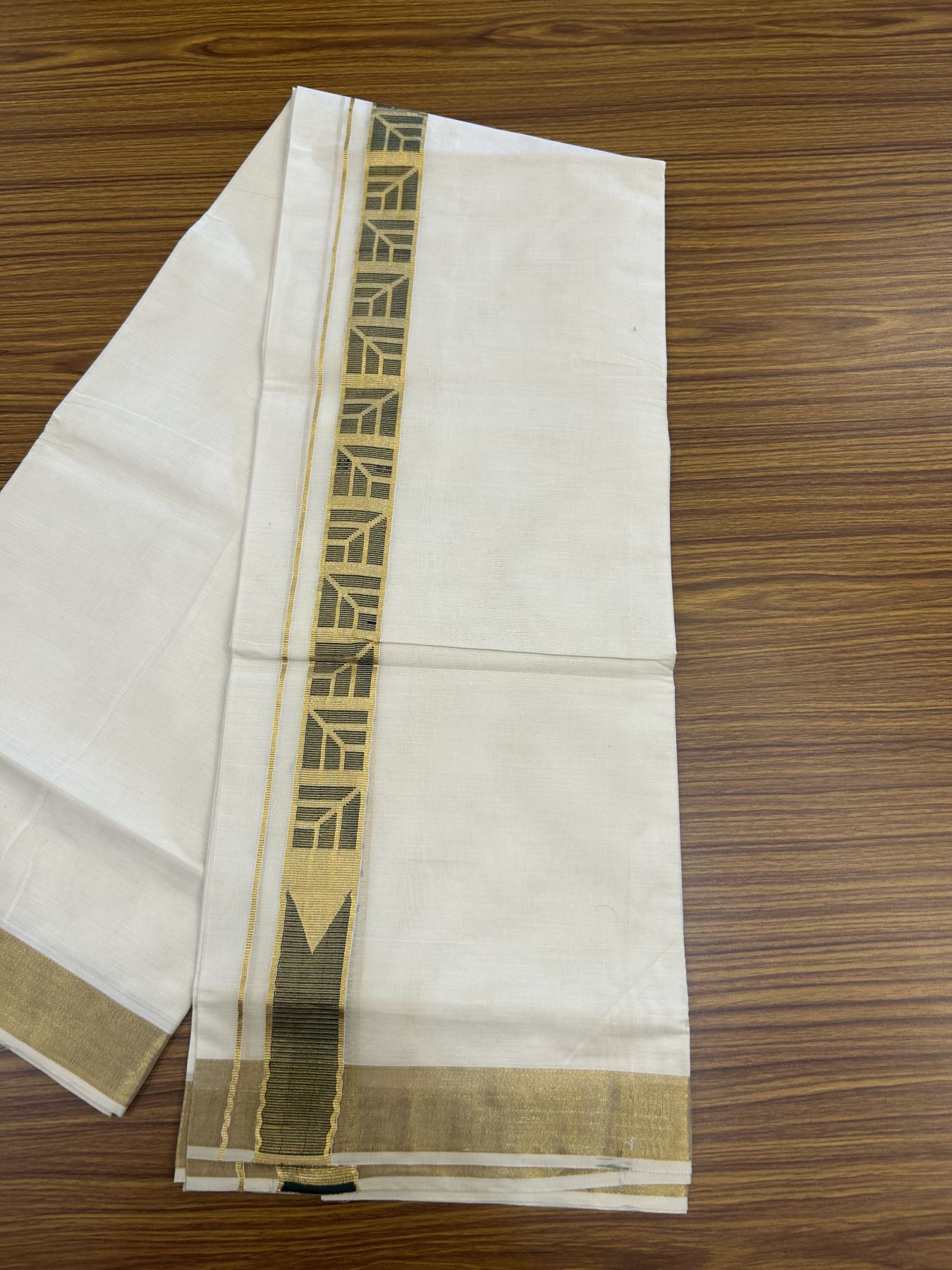 20% Discount! KaithariKada Balaramapuram Double Off White - (Unbleached) Mund/Dhoti - Cotton mix - 100X80- 1.5 inch Kasav Black Jacquard design chutty Kara 3.90 mtr (8 Muzham) - 8 KK5313 PMC