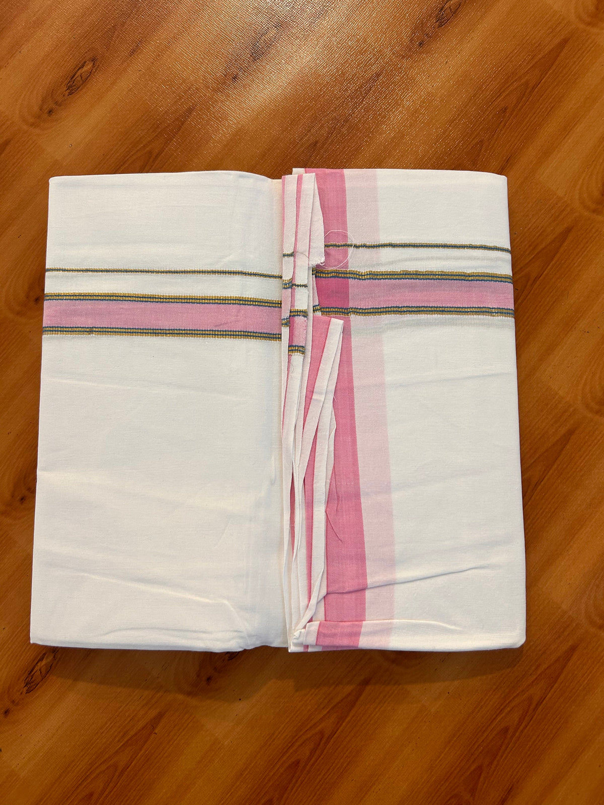 Single Pure White Mundu/Dhoti - 25% Discount ! KaithariKada 100% Cotton Kerala Handloom - 0.75 inch Gold Kasav Pink & Blue Striped Kara (2 meter / 4 muzham) - 3 KK5534 KAI