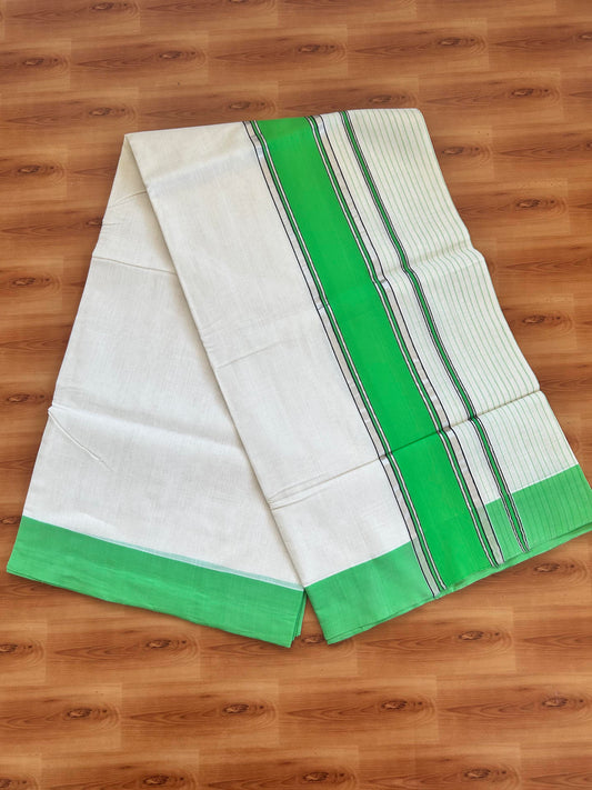 25% Discount KaithariKada Handloom Unakkupaav Balaramapuram Kerala Saree for Women - 100% Pure Cotton - 3.5 inch Silver Kasav Black & Parrot Green Side Striped Kara - 6 KK7001 ABH