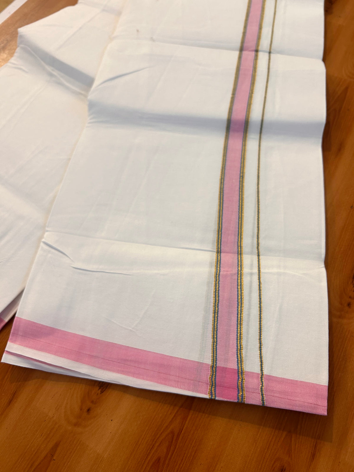 Single Pure White Mundu/Dhoti - 25% Discount ! KaithariKada 100% Cotton Kerala Handloom - 0.75 inch Gold Kasav Pink & Blue Striped Kara (2 meter / 4 muzham) - 3 KK5534 KAI
