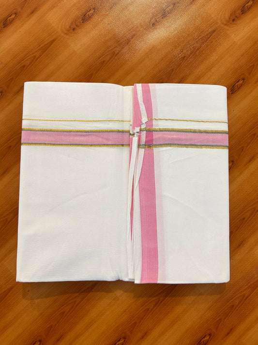 Single Pure White Mundu/Dhoti - 25% Discount ! KaithariKada 100% Cotton Kerala Handloom - 0.75 inch Gold Kasav Pink & Blue Striped Kara (2 meter / 4 muzham) - 4 KK5534 KAI
