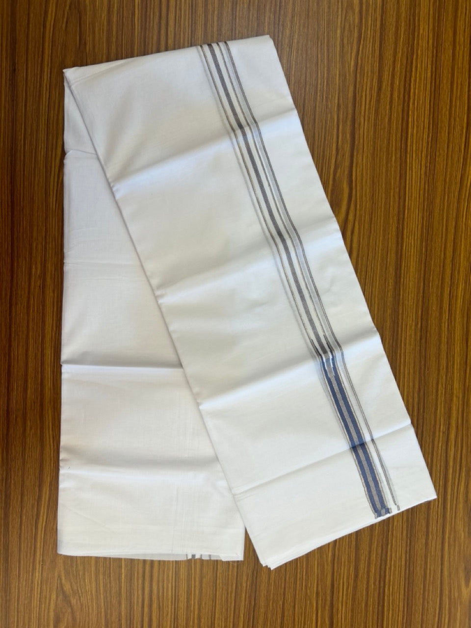20% Discount! KaithariKada Balaramapuram 100% Cotton Double Pure white Mundu/Dhoti- 100x100 - 0.75 inch Silver & Ash Blue Striped One Side Chutty kara - 3.90mtr ( 8 muzham) - 66 KK5279 CKS