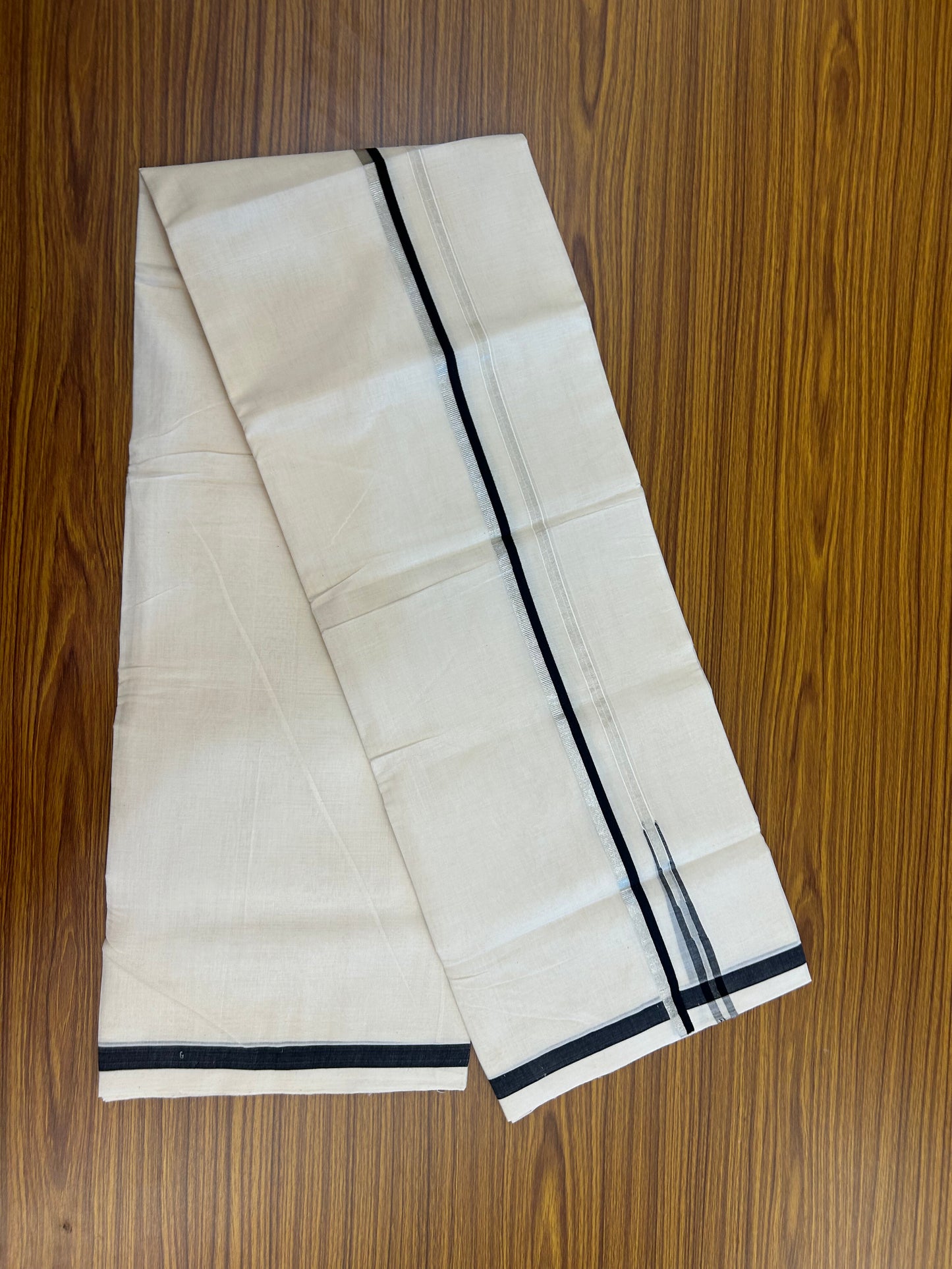 25% Discount!! KaithariKada Handloom Unakkupaav - Kerala Handloom - 100% Pure Cotton Off White - (Unbleached) Double Mundu/Dothi - 80X90 - 0.5 inch Puliyilakkara Silver Kasav & Black Chutty Kara 3.90 mtr (8 muzham) - 12 KK5369 YAR