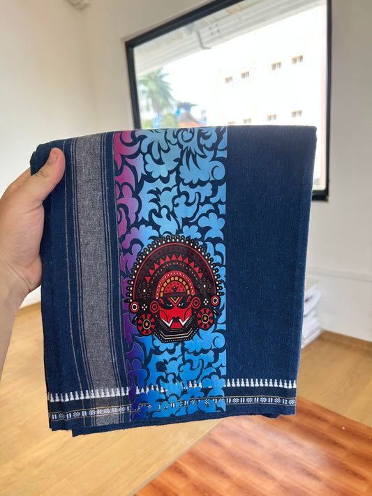 Kaitharikada - Single Kaily / Lungi - Mixed Cotton - 40s twisted - 1.25 inch Kerala Traditional  Printed Design Kara with Blue colour body (2 meter / 4 muzham) - 14 KK8060 GAN