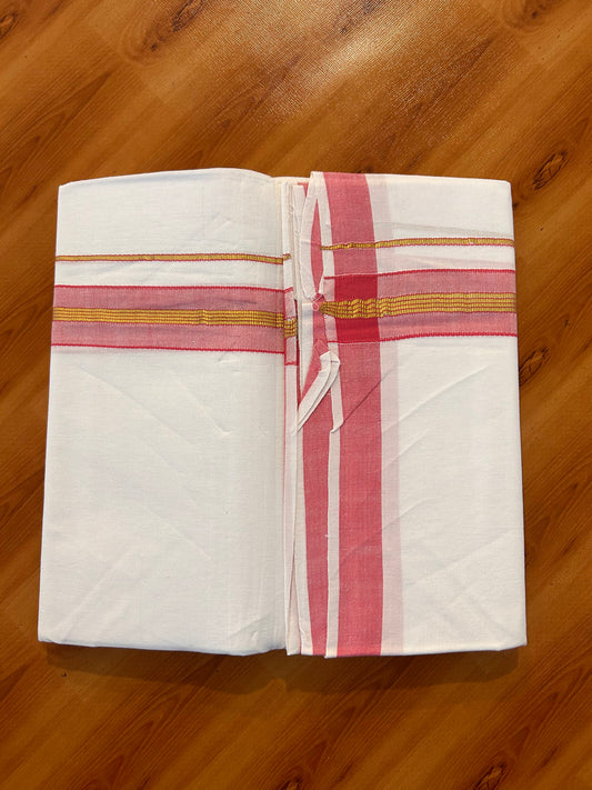 Single Pure White Mundu/Dhoti - 25% Discount ! KaithariKada 100% Cotton Kerala Handloom - 1.25 inch Gold Kasav Sand Brown Striped Kara (2 meter / 4 muzham) - 8 KK5534 KAI