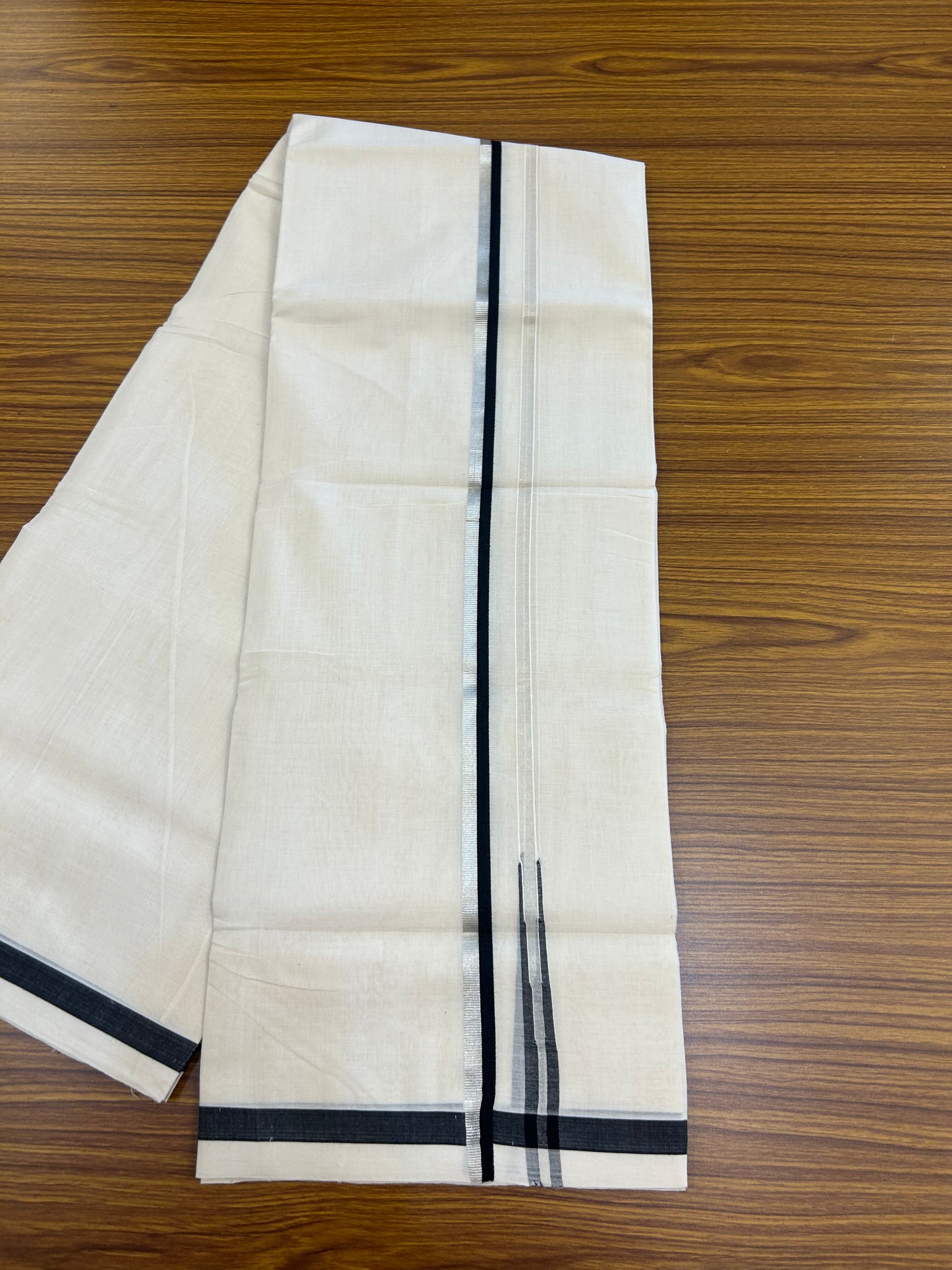 25% Discount!! KaithariKada Handloom Unakkupaav - Kerala Handloom - 100% Pure Cotton Off White - (Unbleached) Double Mundu/Dothi - 80X90 - 0.5 inch Puliyilakkara Silver Kasav & Black Chutty Kara 3.90 mtr (8 muzham) - 12 KK5369 YAR
