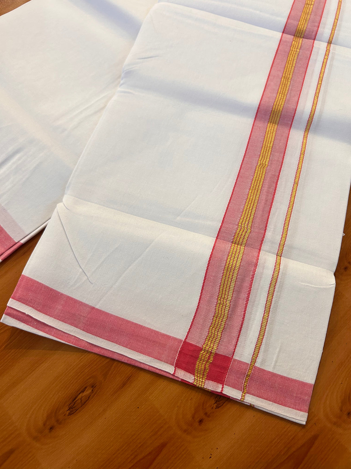Single Pure White Mundu/Dhoti - 25% Discount ! KaithariKada 100% Cotton Kerala Handloom - 1.25 inch Gold Kasav Sand Brown Striped Kara (2 meter / 4 muzham) - 8 KK5534 KAI