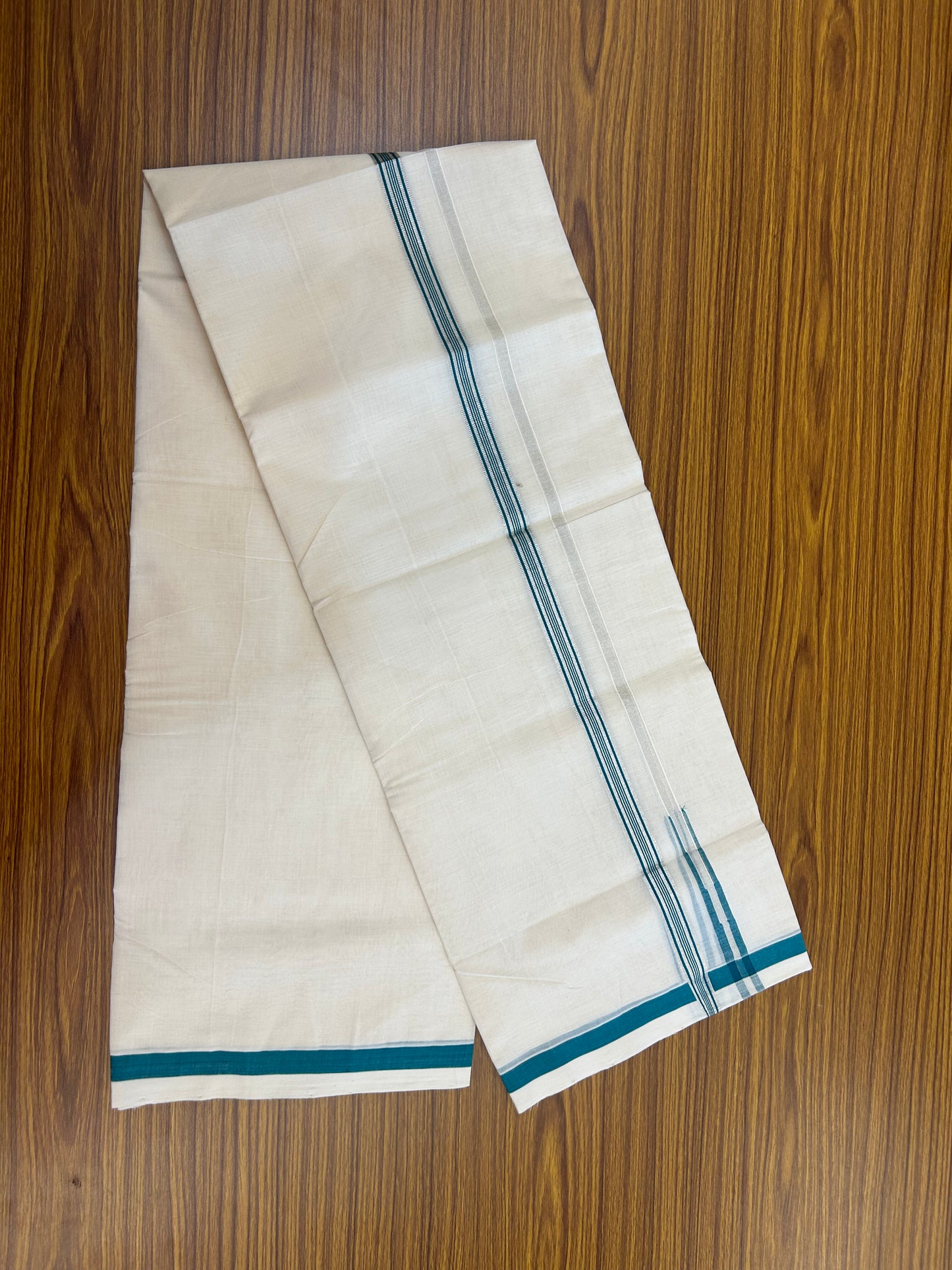 25% Discount!! KaithariKada Handloom Unakkupaav - Kerala Handloom - 100% Pure Cotton Off White - (Unbleached) Double Mundu/Dothi - 80X90 - 0.5 inch Puliyilakkara Silver Kasav & Green Blue Chutty Kara 3.90 mtr (8 muzham) - 13 KK5369 YAR