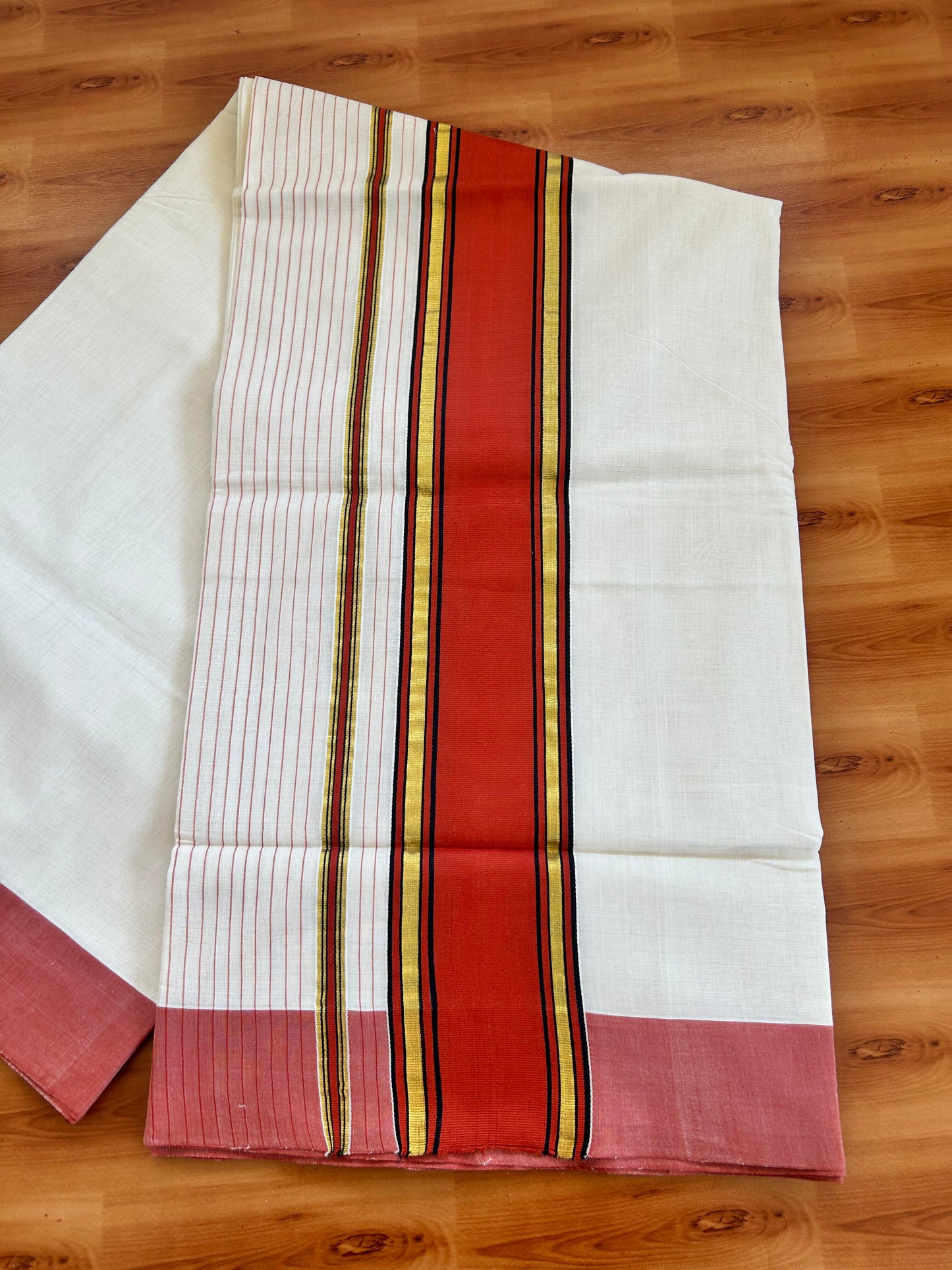 25% Discount KaithariKada Handloom Unakkupaav Balaramapuram Kerala Saree for Women - 100% Pure Cotton - 3.75 inch Gold Kasav Black & Brick Orange Side Striped Kara - 7 KK7001 ABH