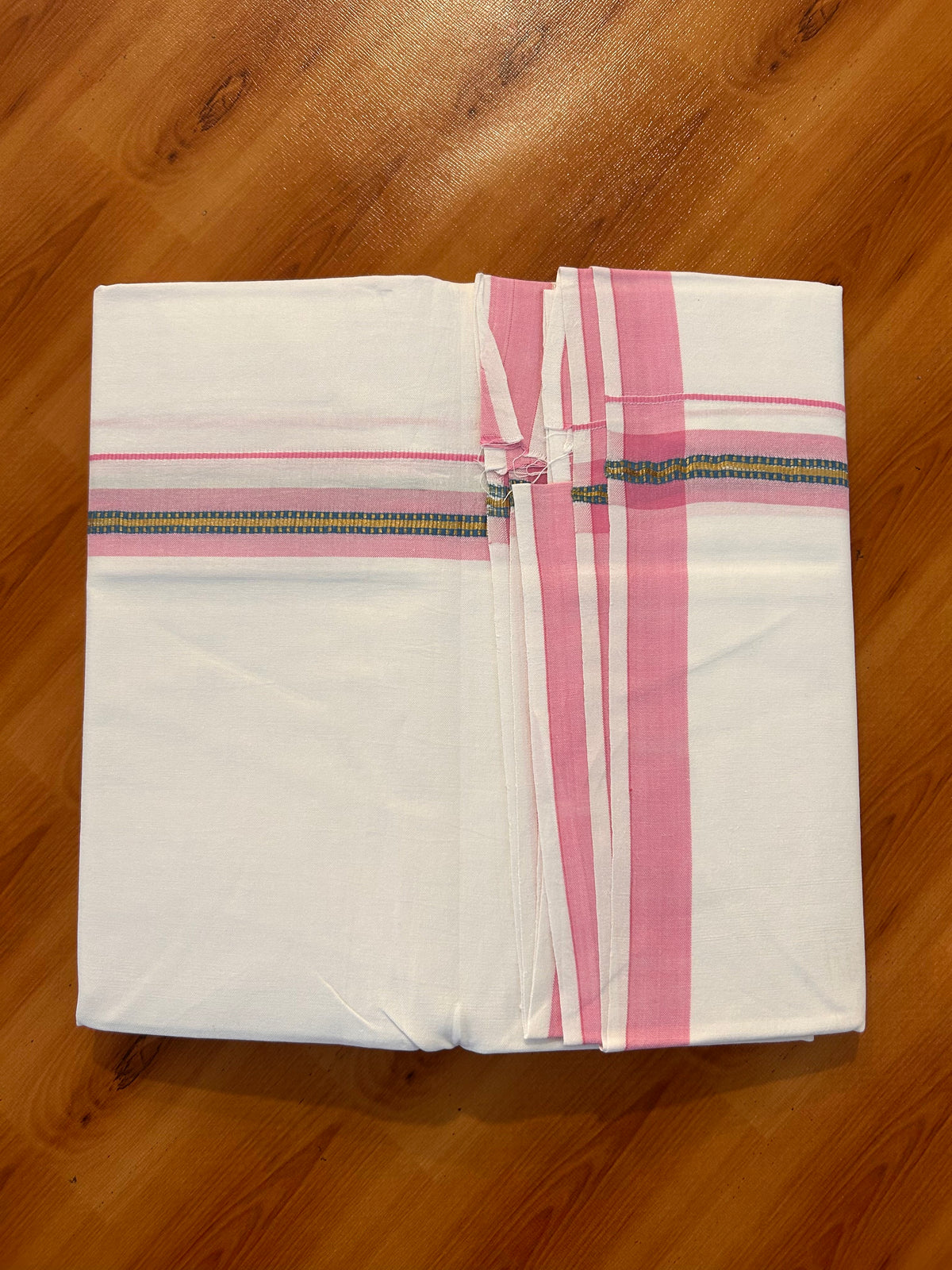 Single Pure White Mundu/Dhoti - 25% Discount ! KaithariKada 100% Cotton Kerala Handloom - 0.75 inch Gold Kasav Pink & Blue Striped Kara (2 meter / 4 muzham) - 2 KK5534 KAI