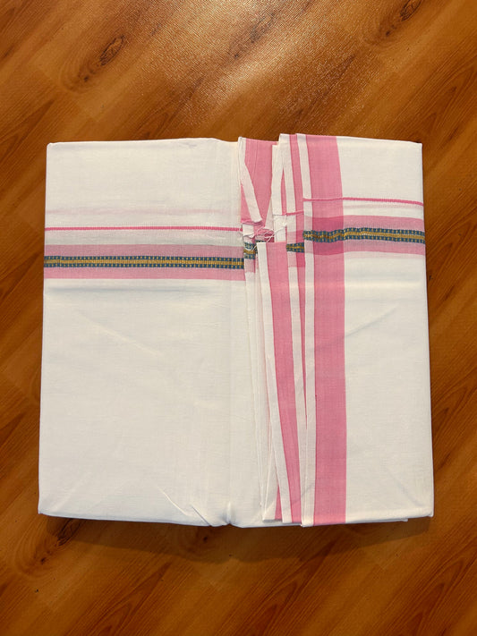 Single Pure White Mundu/Dhoti - 25% Discount ! KaithariKada 100% Cotton Kerala Handloom - 0.75 inch Gold Kasav Pink & Blue Striped Kara (2 meter / 4 muzham) - 2 KK5534 KAI