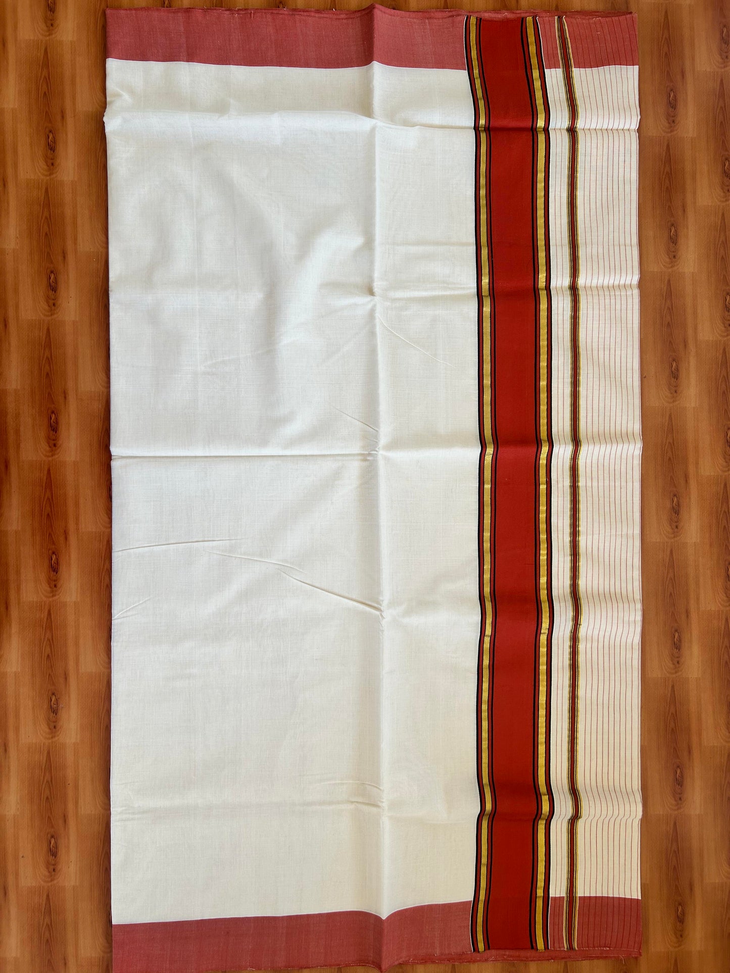 25% Discount KaithariKada Handloom Unakkupaav Balaramapuram Kerala Saree for Women - 100% Pure Cotton - 3.75 inch Gold Kasav Black & Brick Orange Side Striped Kara - 7 KK7001 ABH